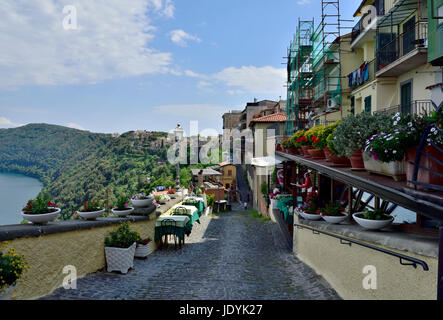 Village of Castel Gandolfo Looking with Lake Albano below, village on rim of the volcanic crater lake in the Alban Hills of Lazio Italy near Rome Stock Photo