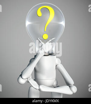 half-length of a standing lamp character that has a yellow question mark inside his bulb light switched off and has his right hand under his chin how to think to solve a problem, on a grey background Stock Photo
