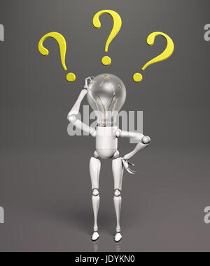 a standing lamp character scratches his bulb light switched off with his right hand and has three yellow questions marks around his head, on a dark background Stock Photo