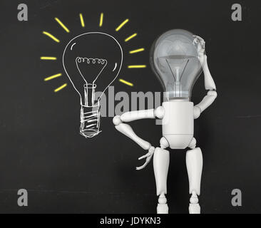 a lamp character without any ideas with the bulb light switched off looks at a lamp bulb with yellow lighting marks drawn on a blackboard placed in front of him, making him perplexed Stock Photo