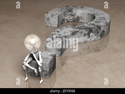 a lamp character with his bulb light switched off is sitting on a question mark made of stone and has his left hand under his chin how to think to solve a problem, on a abstract background Stock Photo