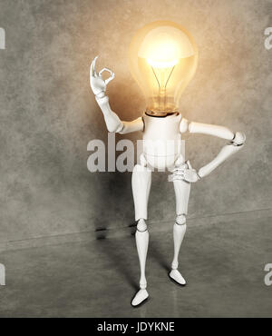 a standing lamp character with the bulb light switched on shows the ok sign with his right hand, on a floor and a wall of gray abstract Stock Photo