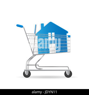 Illustration of a house inside a shopping cart isolated on a white background. Stock Photo