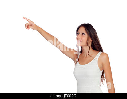 Attractive casual gril pointing something isolated on a white background Stock Photo