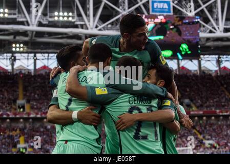 Moscow, Russia. 21st June, 2017. Players of Portugal celebrates Cristiano Ronaldo's goal during FIFA Confederations Cup Russia 2017 Group A match between Russia and Portugal at Spartak Stadium in Moscow, Russia, on June 21, 2017. Portugal won 1-0. Credit: Evgeny Sinitsyn/Xinhua/Alamy Live News Stock Photo