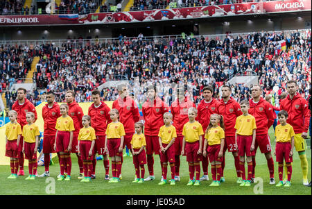 Moscow, Russia. 21st June, 2017. Players of Russia line up ahead of FIFA Confederations Cup Russia 2017 Group A match between Russia and Portugal at Spartak Stadium in Moscow, Russia, on June 21, 2017. Portugal won 1-0. Credit: Evgeny Sinitsyn/Xinhua/Alamy Live News Stock Photo