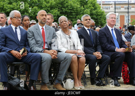 London, UK. 22nd Jun, 2017. Secretary of State for Defence Sir Michael Fallon, The Mayor of London, Sadiq Khan, Baroness Howells of St Davids and Matthew Ryder Deputy Mayor of London (r to l). A memorial honoring the two million African and Caribbean military servicemen and women who served in World War I and World War II, is unveiled in Windrush Square, Brixton, South London. Credit: Dinendra Haria/Alamy Live News Stock Photo