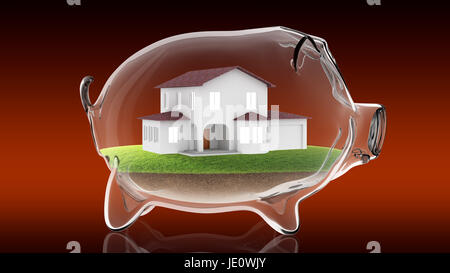 Home inside transparent piggy bank. 3d rendering Stock Photo - Alamy