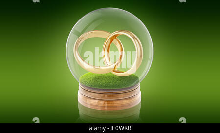 Transparent sphere ball with marrage rings inside. 3D rendering. 3D rendering. Stock Photo