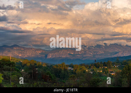 Chimanimani town seen in front of the Chimanimani mountains, Zimbabwe. Stock Photo