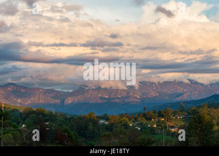 Chimanimani town seen in front of the Chimanimani mountains, Zimbabwe. Stock Photo