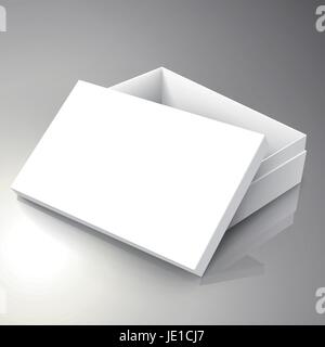 blank white right tilt half open paper box with leaning  separate lid 3d illustration, can be used as design element, isolated bicolor background, ele Stock Vector