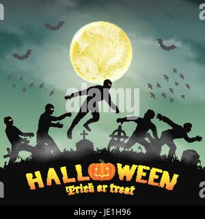 A halloween human escape from zombie in graveyard. Stock Vector