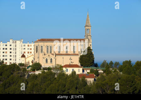 Saint Joseph Church or Chapel at Le Redon, Marseille. Like Marseille's main church, the iconic Notre-Dame-de-la-Garde, it is perched on a hilltop. Stock Photo