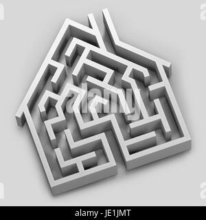 Digital illustration of a maze in the shape of a house. Stock Photo