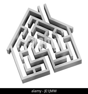 Digital illustration of a maze in the shape of a house. Stock Photo