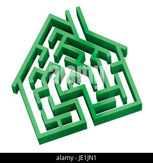 Digital illustration of a maze in the shape of a house. Stock Photo