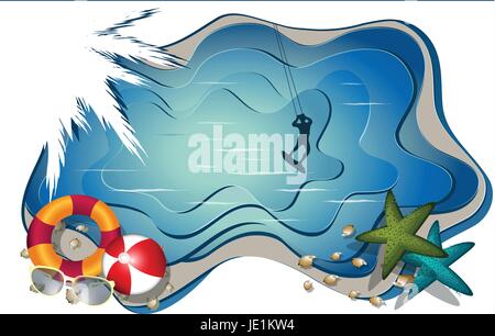 Summer beach vector concept with surfer and retro bus on the beach Stock Vector