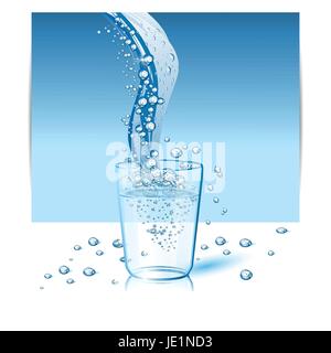 short glass on blue light background with splash and drops Stock Vector