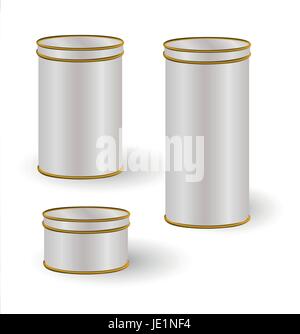 VECTOR PACKAGING: Set of Aluminum tin box cans round containers with relief isolated white background. Mock-up template for design Stock Vector