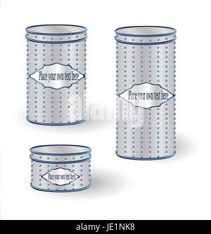 VECTOR PACKAGING: Set of Aluminum tin box cans round containers with relief isolated white background. Mock-up template for design Stock Vector
