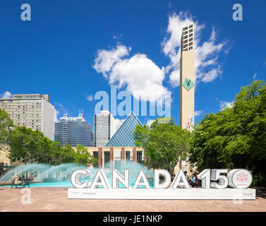 The official 3D Canada 150 sign at Sir Winston Churchill Square in Edmonton, Alberta, Canada. The sign celebrates Canada's 150th anniversary. Stock Photo