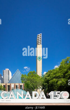 The official 3D Canada 150 sign at Sir Winston Churchill Square in Edmonton, Alberta, Canada. The sign celebrates Canada's 150th anniversary. Stock Photo