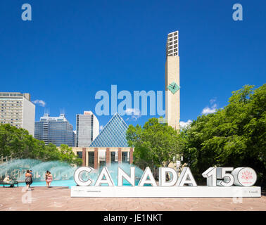 The official 3D Canada 150 sign at Sir Winston Churchill Square in Edmonton, Alberta, Canada. The sign celebrates Canada's 150th anniversary. Stock Photo