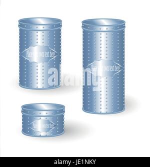 VECTOR PACKAGING: Set of Aluminum tin box cans round containers with relief isolated white background. Mock-up template for design Stock Vector