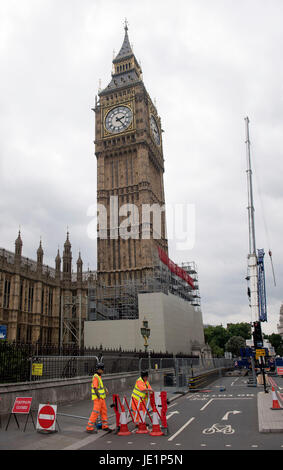 Scaffolding is erected close to the Elizabeth Tower at the Palace of Westminster, London, as part of the conservation work on the landmark. Stock Photo