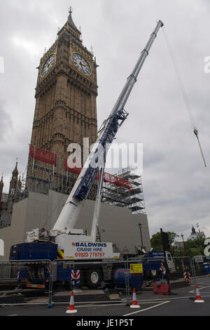 Scaffolding is erected close to the Elizabeth Tower at the Palace of Westminster, London, as part of the conservation work on the landmark. Stock Photo