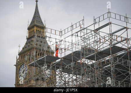 Scaffolding is erected close to the Elizabeth Tower at the Palace of Westminster, London, as part of the conservation work on the landmark. Stock Photo