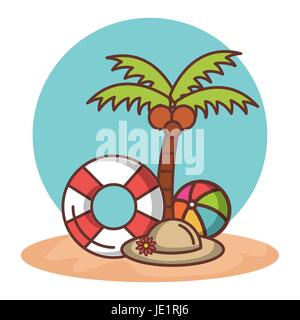 Palm tree lifesaver ball and hat over white background vector illustration Stock Vector