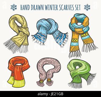 Woolen fashion hand drawn scarves isolated on white background. Christmas vector winter knitted striped scarf set Stock Vector