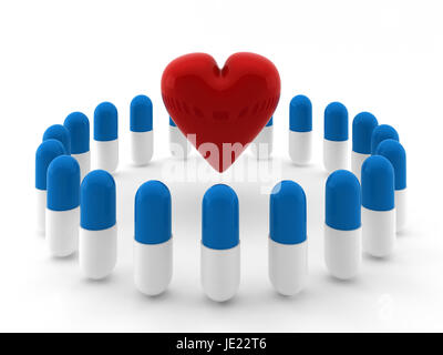 3d render of red heart inside circle of pills Stock Photo