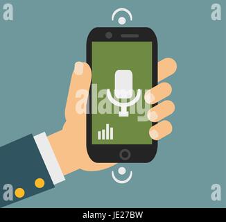 Vector mobile phone in flat style - voice control technology concept Stock Vector