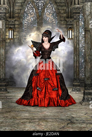 3D digital render of a beautiful female wizard in a red and black dress with wings on a fantasy spooky castle background Stock Photo