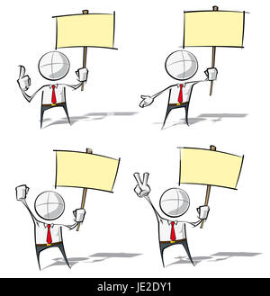 Set of sparse vector illustration of a generic Business cartoon character holding a placard. Stock Photo