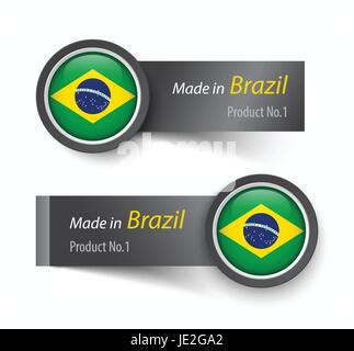 Flag icon and label with text made in Brazil . Stock Vector
