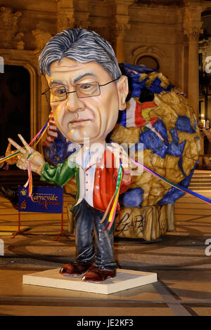 Prime Minister of Italy Paolo Gentiloni recreated in papier-mâché at the Piazza del Duomo in Acireale. A few days after the Taormina G7, the craftsmen of the Carnival of Acireale, the world summit of May 26 and 27 was honored with the satire and the glittering colors of the carnascial tradition. French President Emmanuel Macron, Prime Minister Paolo Gentiloni, German Chancellor Angela Merkel, US President Donald Trump, British Theresa May, Canadian Justin Trudeau (Canada) and Japanese Shinzō Abe.  Where: Acireale, Sicily, Italy When: 22 May 2017 Credit: IPA/WENN.com  **Only available for publi Stock Photo
