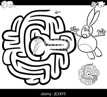Black and White Cartoon Illustration of Education Maze or Labyrinth Game for Children with Rabbit and Carrot Coloring Page Stock Vector