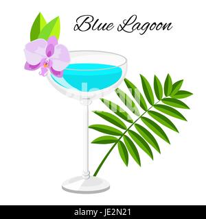 Blue Lagoon cocktail vector cartoon style. Summer long drink isolated on white for restaurant, bar menu or beach party banner and flyer Stock Vector