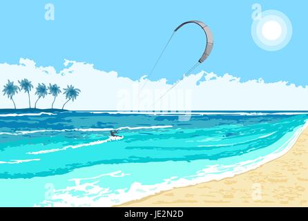 Kitesurfing summer watersport on tropical sea background with island and palms. Stock Vector