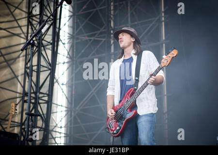 Rick Burch of the american rock band Jimmy Eat World pictured on stage as they performs at Ippodromo San Siro in Milan, Italy. (Photo b y Roberto Finizio/Pacific Press) Stock Photo
