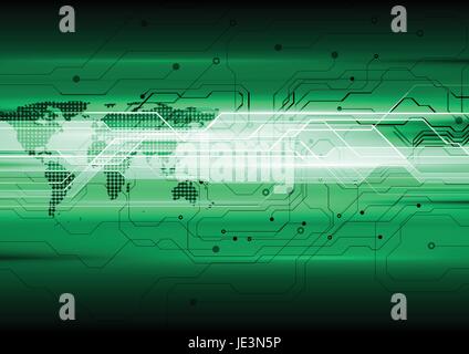 Dark green abstract technology circuit board background. Vector geometric design with dotted world map Stock Vector
