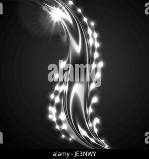 Glowing white silver wave on black background with lens flare. Vector shiny iridescent design Stock Vector