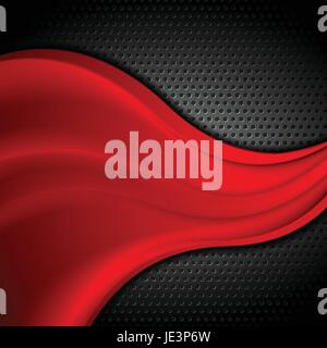 Soft red waves on metal perforated background. Vector tech graphic design Stock Vector