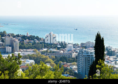 YALTA, RUSSIA - SEPTEMBER 28, 2014: above view of Yalta city from Darsan hill. Yalta is resort city on the north coast of the Black Sea on the Crimean peninsula. Stock Photo