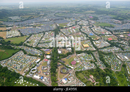 An aerial view of the Glastonbury Festival site at Worthy Farm in Pilton, Somerset.