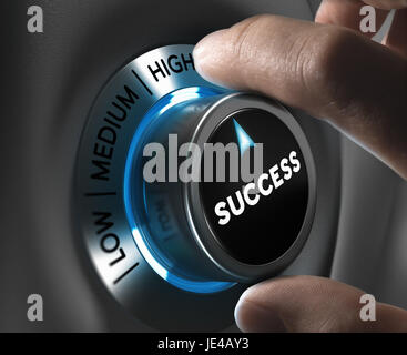 Button success pointing the high position with blur effect plus blue and grey tones. Conceptual image for illustration of company or business excellence or motivation. Stock Photo